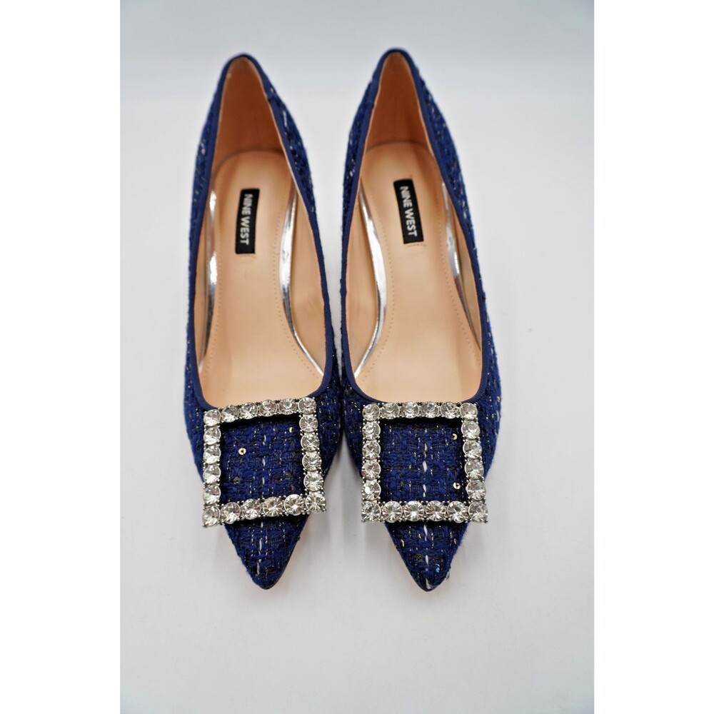 Nine West Womens Sz 7M Jaquee Dark Blue Tweed Embellished Buckle Toe Dress Pumps - Picture 3 of 11